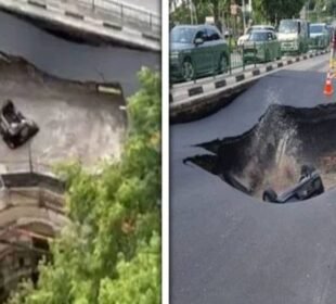 سنگاپور میں اچانک سڑک کا ایک حصہ زمین میں دھنس گیا