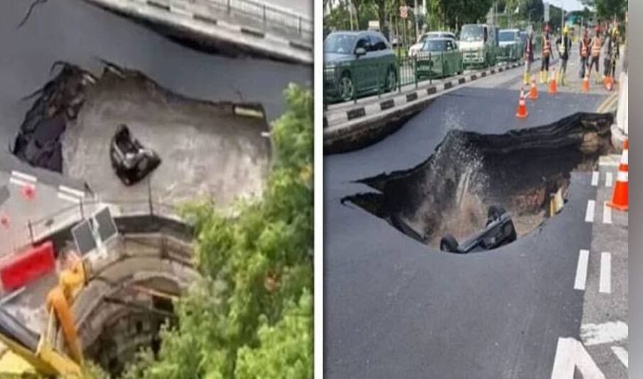 سنگاپور میں اچانک سڑک کا ایک حصہ زمین میں دھنس گیا